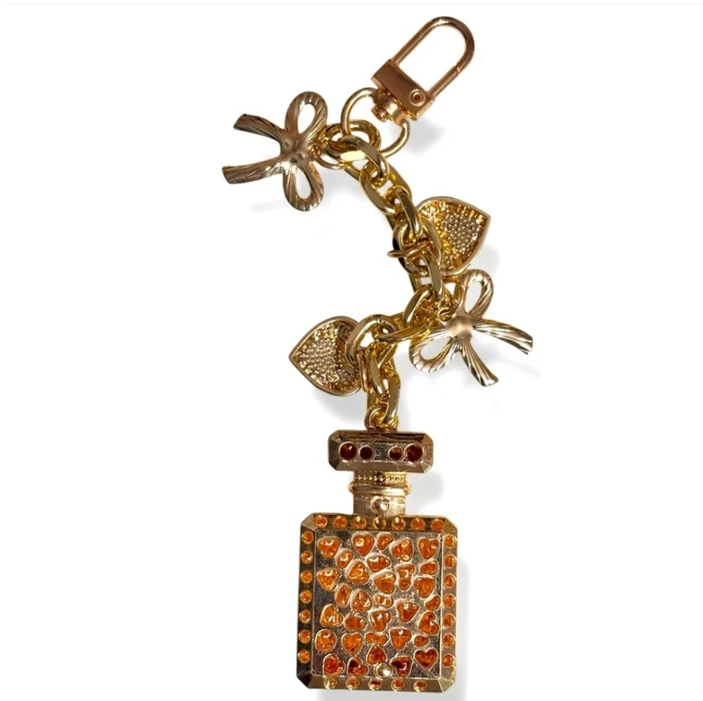Multi-Colored Rhinestone Perfume Bottle Bag Charm with Pavé Hearts & Bows NEW!